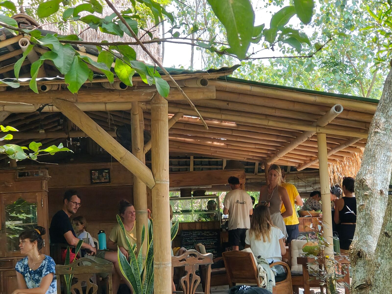 Diners at tables inside the open bamboo café, surrounded by trees.