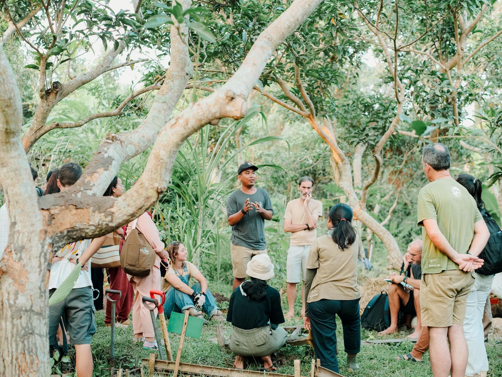 A guide talking with a group of visitors gathered under the trees.