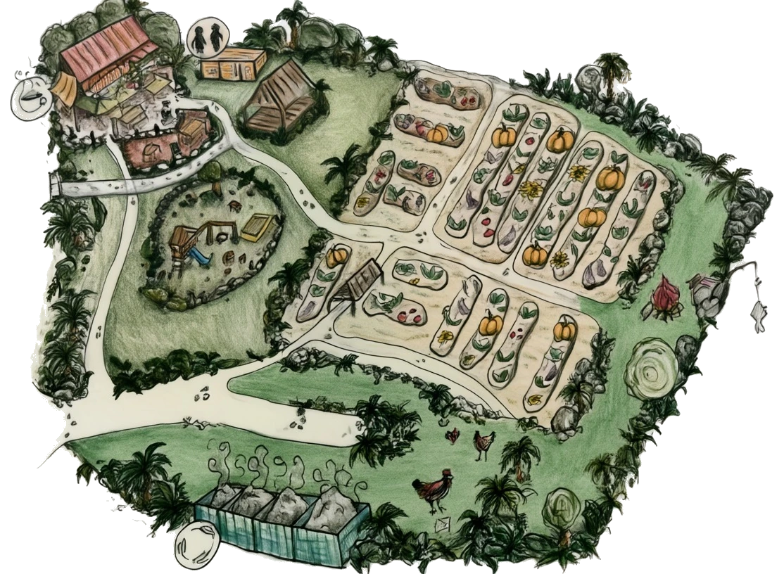 Hand-drawn map of Jiwa Garden: the café and bamboo shala at the top left, a playground, rows of raised vegetable beds with pumpkins, a fire pit, free-range chickens, palms and rocks around the edge, and the compost bins at the bottom.